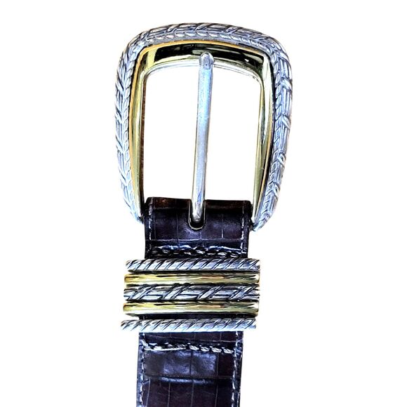 Brighton Women Size ML 32 Brown Croc Leather Silver Gold Buckle Loop Silverplate - Picture 3 of 9